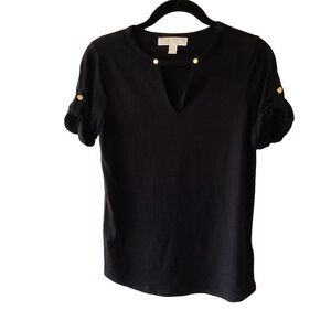 Michael Michael Kors Black Short Cuffed Roll Tab Sleeves Top with Gold Accents S